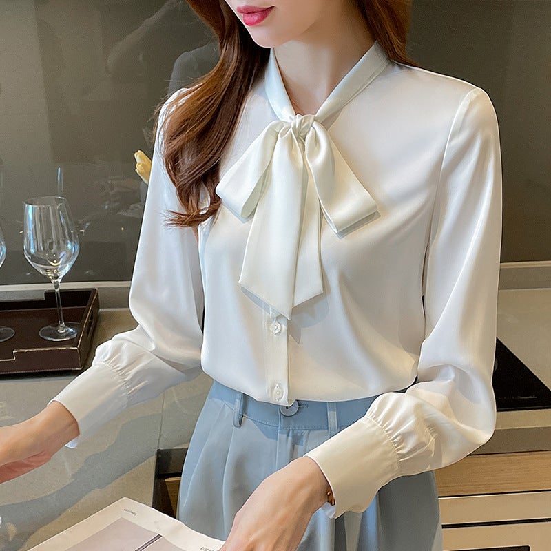 Real S Of 2025 Autum White Ribbon Shirt For Women Satin Long-Sleeved Draped Work Clothing Versatile Fashionable Foreign Style Top For Women - Image 5